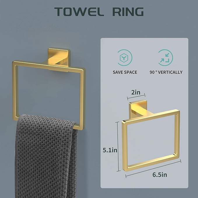 7 Piece Gold Bathroom Hardware Set with Brushed Gold Bathroom Accessories - Square 2 Towel Bars Towel Rack Stainless Steel 23-Inch