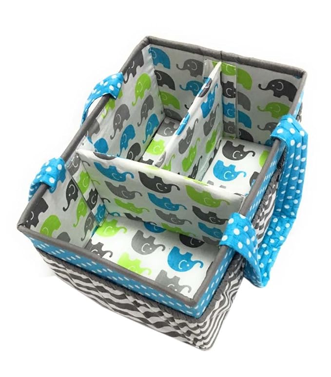 Bacati Elephants Unisex Nursery Fabric Storage Caddy with Handles, Aqua/Lime/Grey