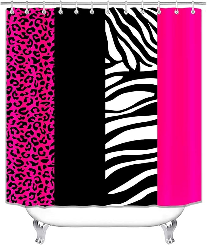 4PCS Hot Pink Leopard Print Shower Curtain Sets With Rugs, Waterproof Fabric Shower Curtain, Black and White Zebra Cheetah Print Wildlife Safari Animal Skin Stripe Fashion Women Bathroom Decor