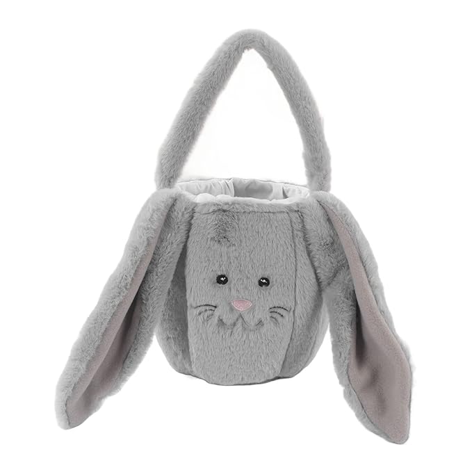 Plush Easter Bunny Basket, Children Easter Basket with Long Ears, Cute Cartoon Rabbit Plush Bag for Easter Egg Hunt, Soft and Durable Easter Bunny Gift for Kids (Light Gray)