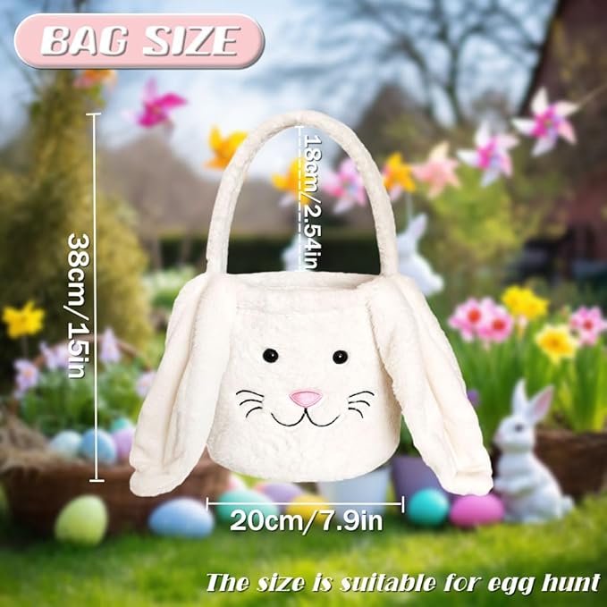 Easter Bunny Basket for Kids, Fluffy Easter Egg Hunt Bag Soft Fabric, Cute Rabbit Tote Bags with Long Plush Ear Easter Tote Bags for Candy Gifts Storage (White)