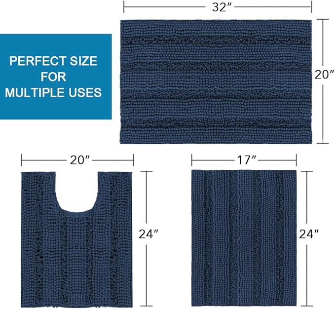 H.VERSAILTEX 3 Piece Bathroom Rugs Sets Thick Striped Bath Rugs Set for Bathroom Non Slip Soft Absorbent Bath Mat Set for Tub, Shower and Toilet(17''x24''+20''x32''+20''x24'' U-Shaped, Navy)