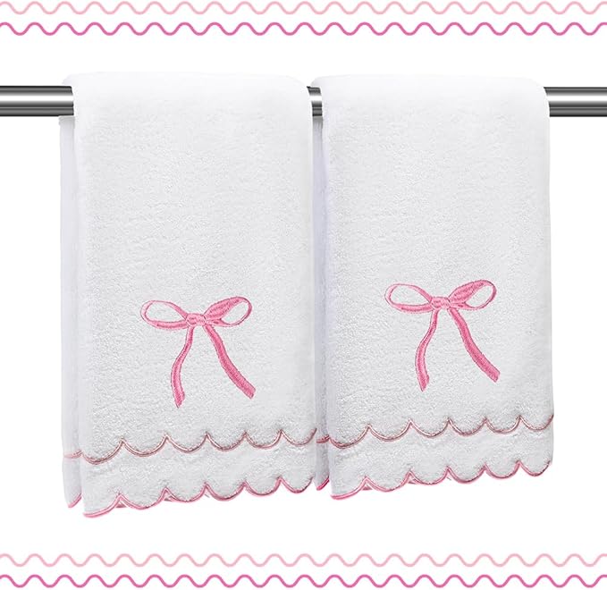 2 Pcs Coquette Bow 100% Cotton Hand Towels for Bathroom Scalloped Hand Towels 16 * 27 Inch Embroidered Decorative 600 GSM Soft Absorbent Bath Towel for Spa Yoga Hotel Sport (Pink)