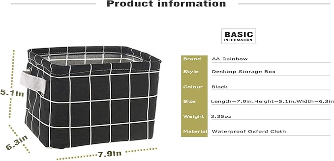 AARAINBOW 3 Packs Storage Basket Bins Canvas Mini Storage Cubes Storage Basket for Makeup, Toys Liners, Books Storage Baskets with Handles for Shelves & Desks(3 Black)