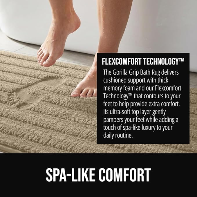 GORILLA GRIP Textured Backing Bathroom Rugs, Soft Memory Foam Absorbent Striped Bath Mats, Machine Washable & Fade Resistant, Bathmat Accessories for Floor, Home Decor Shower Essentials, Beige 30x18