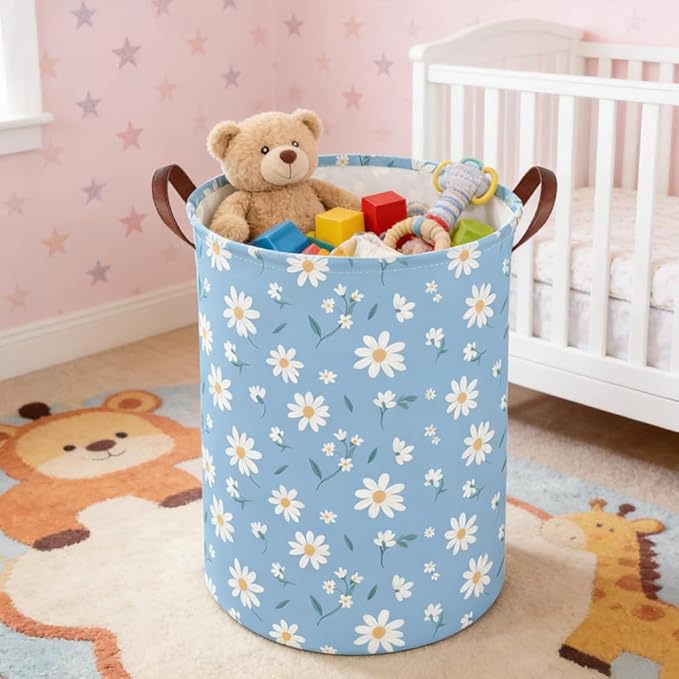 Daisy hamper,Blue flower Laundry Basket,Baby Nursery Hamper,Waterproof foldable girls toy storage box,Dirty Clothes Hampers,Flower house decor(Daisy)