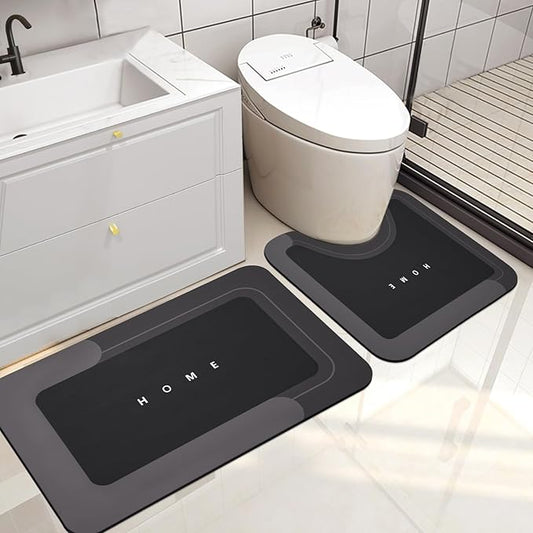 2PCS Absorbent Bath Mat Magic Rug Sets, Quick Drying Bath Mat Non-Slip Floor Rug Rubber Backed for Bathroom Kitchen Shower Sink, Water Absorbent (19.7''x23.6''+19.7''x31.9'', Black)