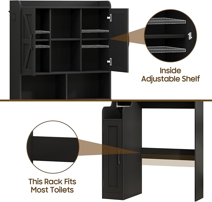 Over The Toilet Storage Cabinet, Bathroom Over Toilet Storage Organizer with Barn Doors & Paper Holder Stand, Farmhouse Space Saving Rack Cabinet with Adjustable Shelves for Bathroom, Laundry (Black)