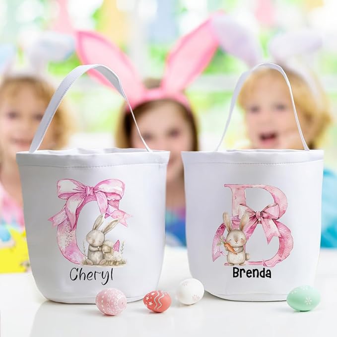 CALLIE Personalized Easter Basket for Kids, Custom Name Initial Rabbits Canvas Easter Hunt Bag Gifts