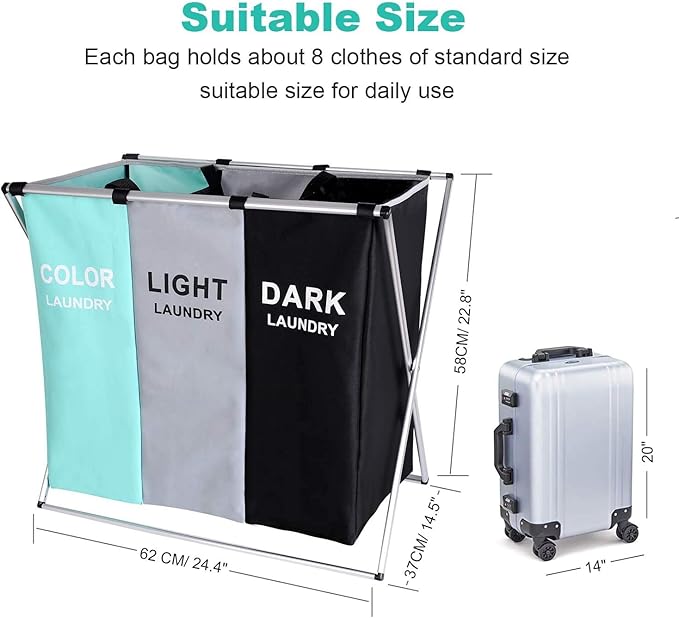 135L Laundry Cloth Hamper Sorter Basket Bin Foldable 3 Sections with Aluminum Frame 26''×24''H Washing Storage Dirty Clothes Bag for Bathroom Bedroom Home Storage basket (3 Liner, Green+grey+black)