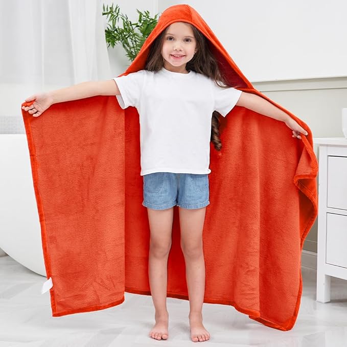 Hiturbo Kids Hooded Bath Towel: Soft Plush Pool Beach Fleece Towel Blanket - 50"x30" Toddler Towels Wrap for Boys Girls 3-12 Years (Orange)