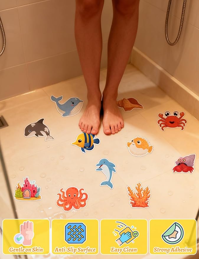 26Pcs Non Slip Bathtub Stickers, Cute Ocean Creature Stickers with Scraper, Anti Slip Bath Tub Shower Decal with Adhesive Back for Bathroom, Shower Stairs