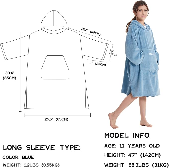 Hiturbo Kids Towel Changing Robe: Soft Plush Wearable Blanket - Warm Coral Fleece Hoodie - Swim Surf Poncho for 5-12 Years (Blue)