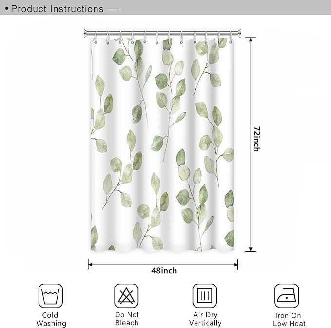 Green Eucalyptus Leaves Bathroom Shower Curtain Nature Plants Watercolor Leaf Shower with Hooks Polyester Waterproof Fabric Aesthetics Home Decor, 48x70 Inch