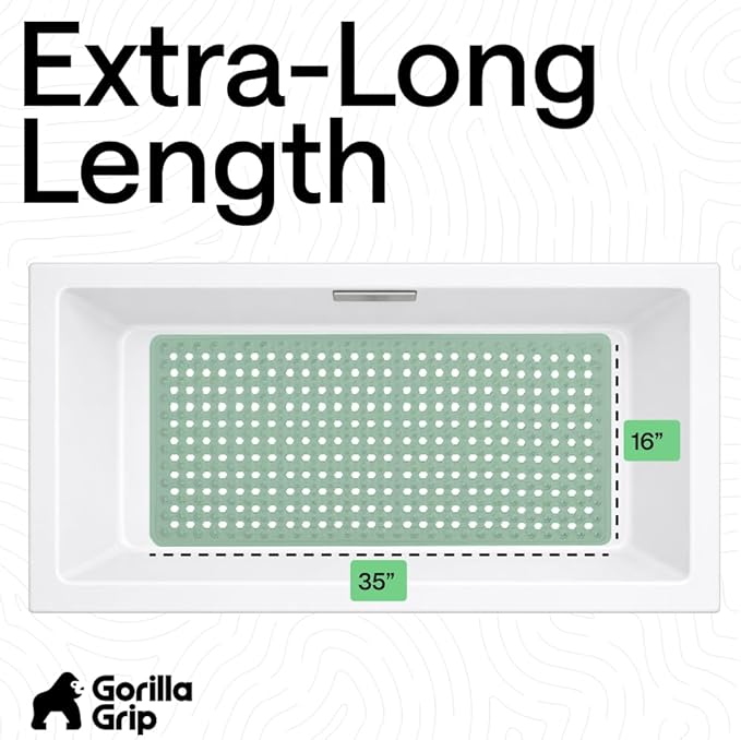 GORILLA GRIP Patented Bath Tub Shower Mat, Machine Washable Bathtub Floor Liner Mats, Suction Cups and Drain Holes to Keep Tubs Clean, Soft on Feet, Bathroom Essentials, 35x16 Inch, Mint Opaque