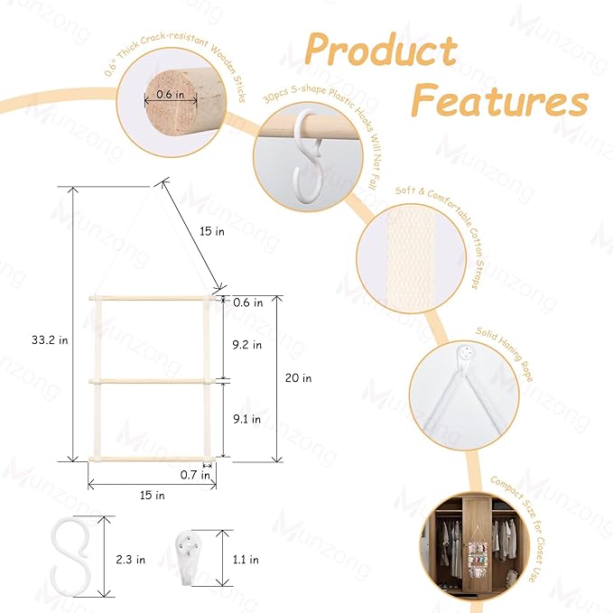 Munzong Headband Holder,Beige Bow Organizer for Baby Girls, Nursery Wall Hanging Clip Storage w/ 30 Hooks, Hair Accessories Organizer Rack Shelf for Toddler Kids Room Decor 15x20inch