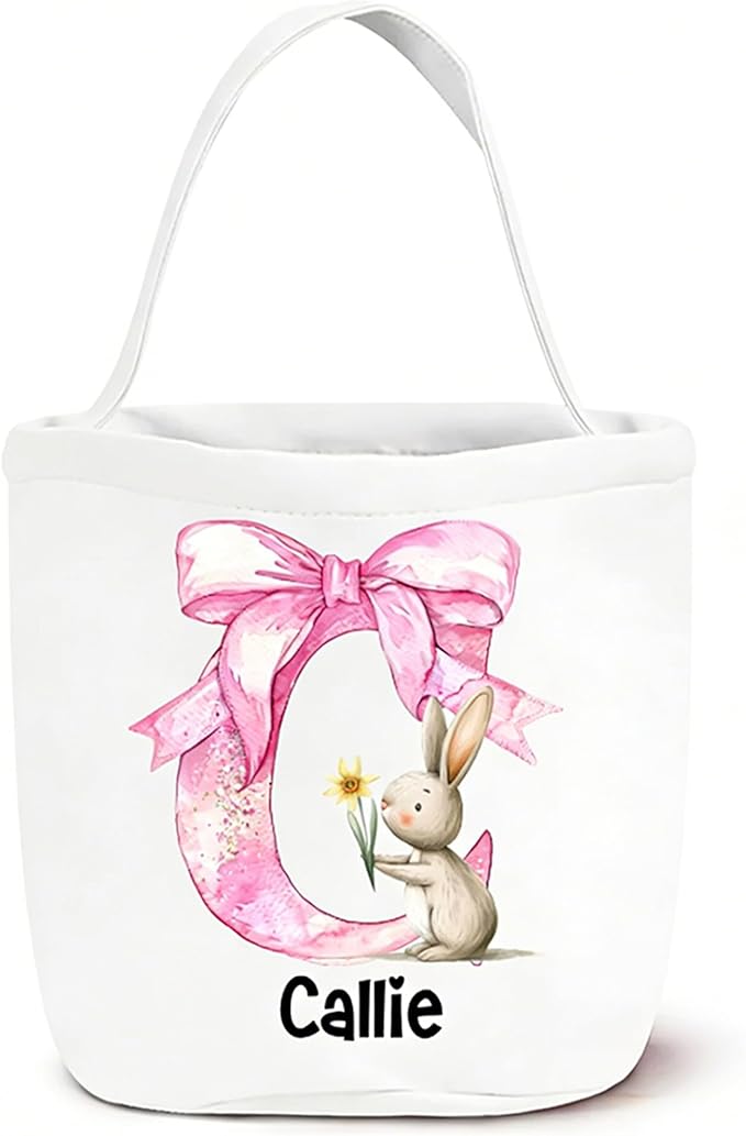 CALLIE Personalized Easter Basket for Kids, Custom Name Initial Rabbits Canvas Easter Hunt Bag Gifts