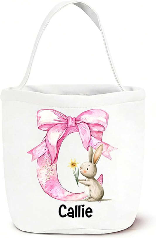 CALLIE Personalized Easter Basket for Kids, Custom Name Initial Rabbits Canvas Easter Hunt Bag Gifts