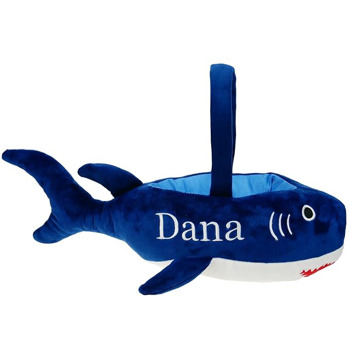 DearSun Exquisite Embroidery 3D Plush Shark Basket - Personalized Easter Egg Hunting Basket - Blue, Round, Velvet