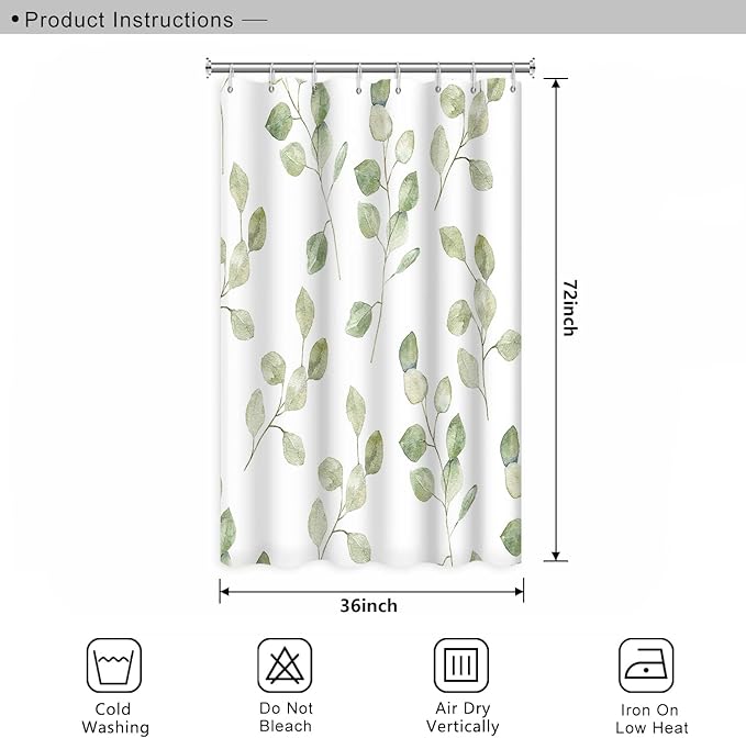 Green Eucalyptus Leaves Bathroom Shower Curtain Nature Plants Watercolor Leaf Shower Curtain with Hooks Polyester Waterproof Fabric Aesthetics Home Decor Bathtub, 36x72 Inch