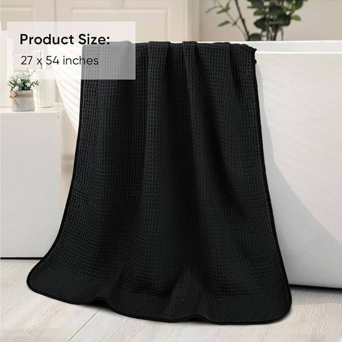 HOMEXCEL Waffle Bath Towels Set 4 Pack, Premium Microfiber Bathroom Towels, Lightweight, Highly Absorbent and Quick Dry Towel for Bathroom, Gym, Shower, Hotel, and Spa, 27 x 54 Inch, Black