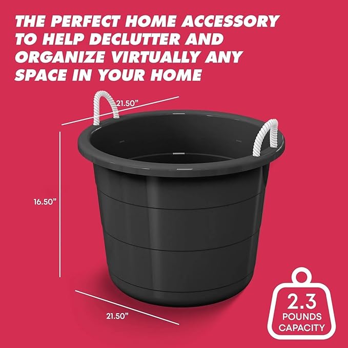 Flexible 17-Gallon Plastic Storage Tub with Rope Handles, Multi-Purpose Utility Bucket (Black)