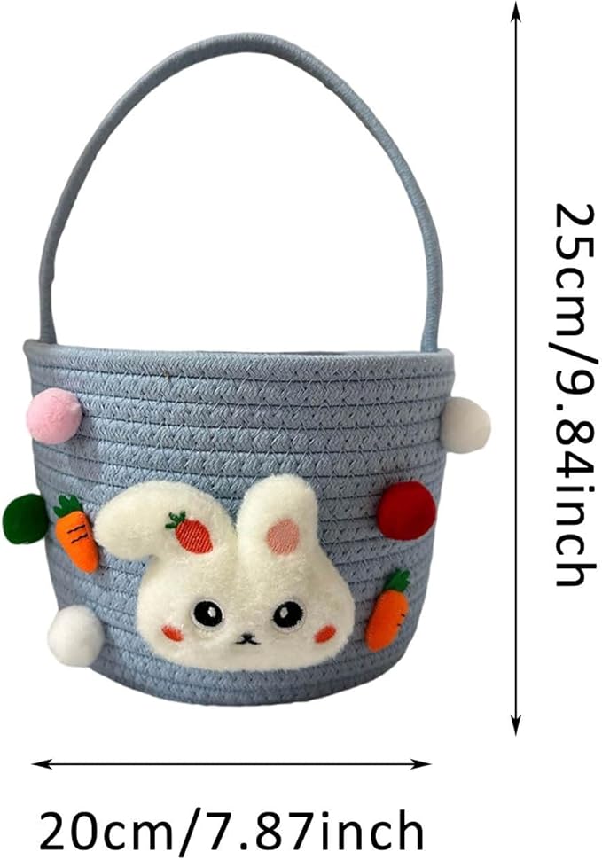Cute Rabbit Easter Basket, 2026 New Soft & Durable Woven Easter Bunny Basket for Egg Hunt, Personalized Easter Basket with Handle for Boys, Girls, Easter Party Supplies (Blue 6.3 Inches)
