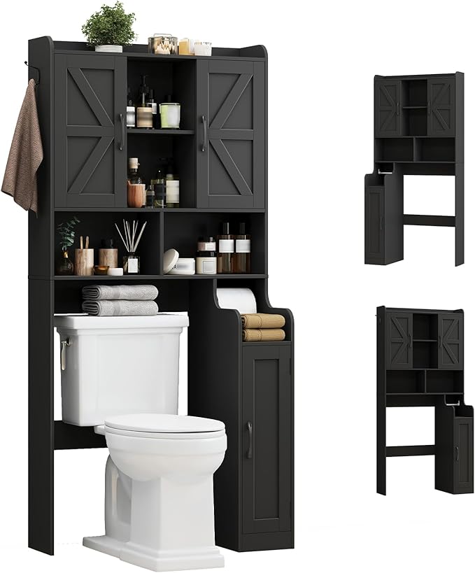 Over The Toilet Storage Cabinet, Bathroom Over Toilet Storage Organizer with Barn Doors & Paper Holder Stand, Farmhouse Space Saving Rack Cabinet with Adjustable Shelves for Bathroom, Laundry (Black)