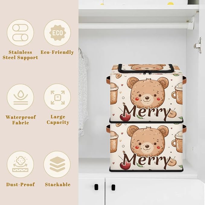 Custom Cute Bear Storage-Bin With Zipper Lid for Kids-Girls-Boys-Baby-Pet,Personalized Name Foldable Storage Box with Handle,Baby Basket With Label for Bedroom Nursery Toy Clothes,Light Yellow