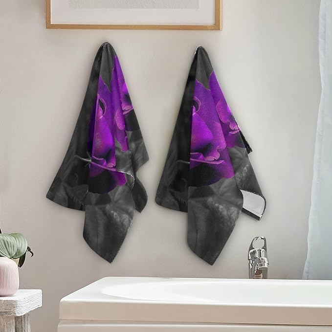 Hand Towels for Bathroom Set of 2 Vintage Elegant Rose Floral Purple Romantic Flowers Black Leaves Soft Absorbent Bath Towels Decorative Kitchen Guest Dish Towel for Gym,Spa,Hotel 28x14in