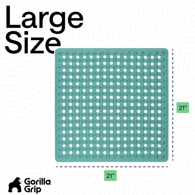 GORILLA GRIP Patented Square Shower Stall Mat, Small Bathtub Floor Mats for Stand Up Showers, Suction Cups and Drain Holes, Machine Wash, Soft on Feet, Bathroom Accessories 21x21 Inch Turquoise Opaque