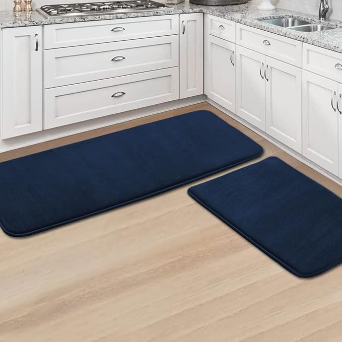 H.VERSAILTEX Kitchen Mat 2 PCS Non Slip Memory Foam Flannel Velvety Kitchen Runner Rugs Set - Water Absorbent Soft (47" x 17" + 24" x 17", Navy)