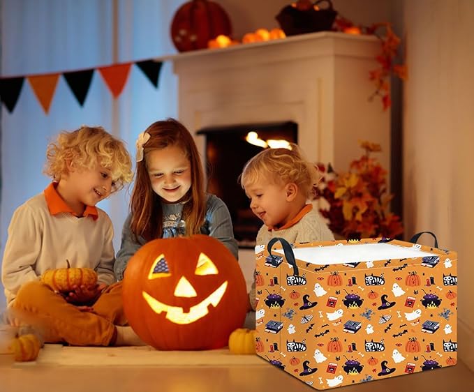 Rectangle Storage Basket with Handles,Collapsible Storage Bin,Books Box,Gift Basket(Yellow Halloween)