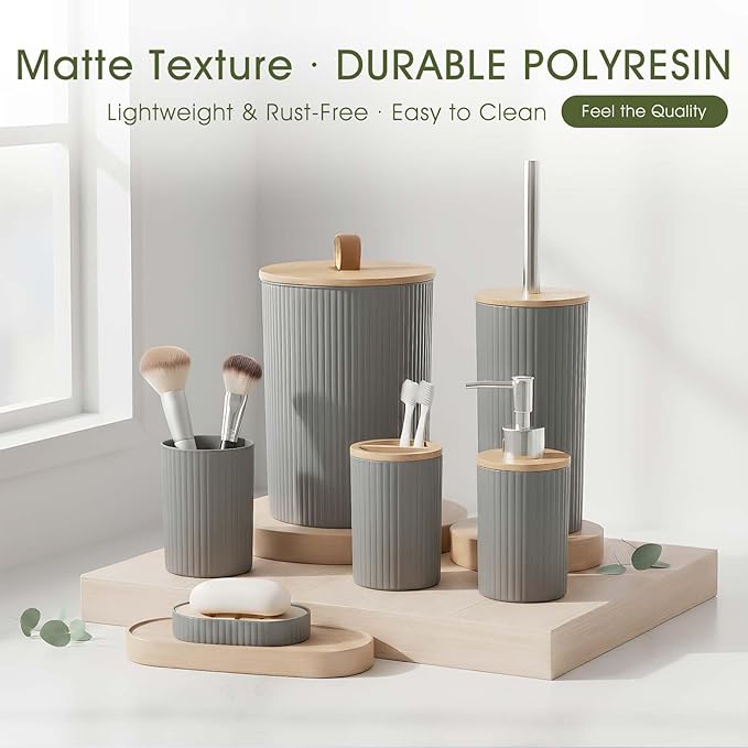 6-Piece Bathroom Set – Includes Toilet Brush, Trash Can & Soap Dispenser, Creating a Tidy and Coordinated Bathroom Space in One Stop，Round-Gray