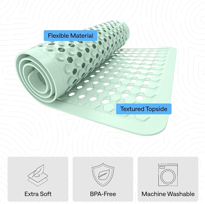 GORILLA GRIP Patented Bath Tub Shower Mat, Machine Washable Bathtub Floor Liner Mats, Suction Cups and Drain Holes to Keep Tubs Clean, Soft on Feet, Bathroom Essentials, 35x16 Inch, Mint Opaque