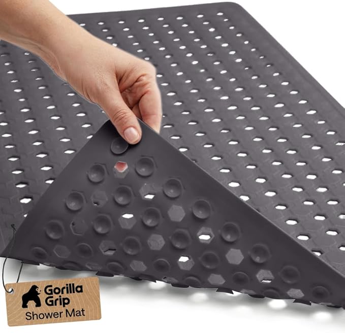 GORILLA GRIP Patented Bath Tub Shower Mat, Machine Washable Bathtub Floor Liner Mats, Suction Cups and Drain Holes to Keep Tubs Clean, Soft on Feet, Bathroom Essentials, 35x16 Inch, Charcoal Opaque