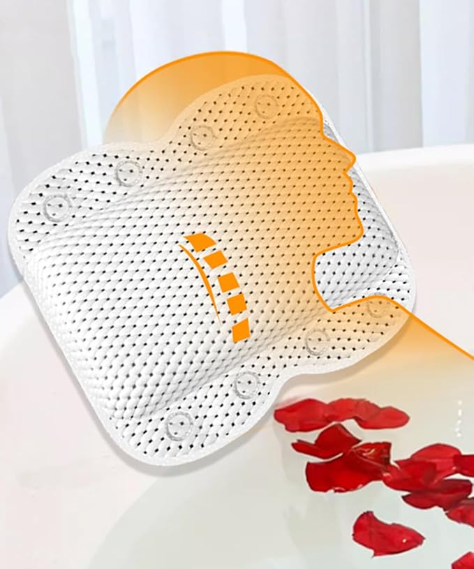 Bath Pillow Non Slip Spa Bathtub Head & Neck Rest Support, Headrest with Soft 4D Mesh Fabric, Permeable Quick Drying Air Mesh Tub Pillow with 8 Suction Cups, Soft & Relaxing, White