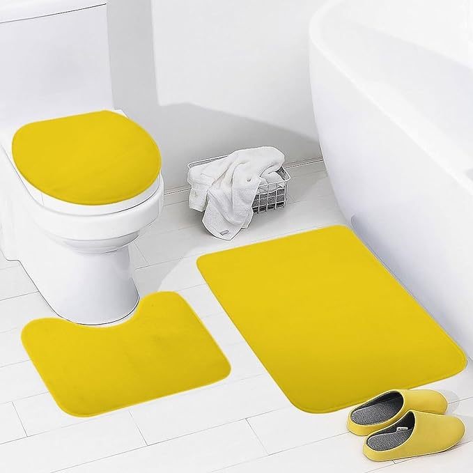 3 Pieces Bath Rug Sets, Sunshine Yellow Color Bathroom Mat Set Non Slip U Shaped Contour Rug & Toilet Lid Cover
