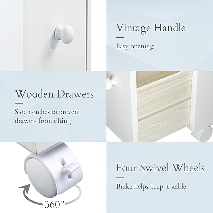 MASAKA B&W Movable Bathroom Storage Cabinet with 2 Drawers and Shelf, Toilet Paper Storage, Corner Shelves, Bathroom Furniture Sets, Side Organizer Toilet