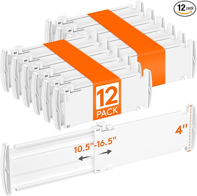 Lifewit 4" Tall 12 Pack Drawer Dividers, 27-42cm/10.5-16.5" Expandable Drawer Divider for Clothes, Adjustable Dresser Drawer Organizers, Drawers Separators for Dresser/Bathroom/Closet/Kitchen White