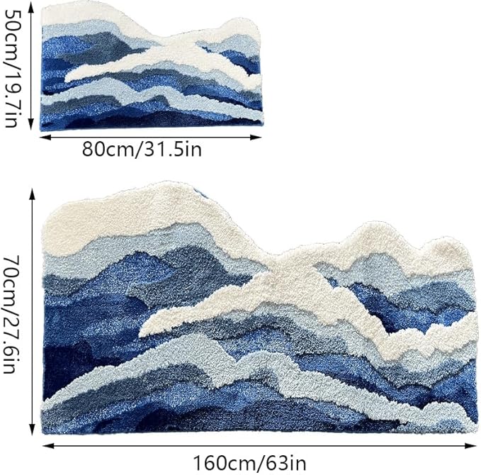 Blue 3D Ocean Wave Bath Mat, Cute Funky Bathroom Rugs,for Coastal Beach Nautical Themed Decor, Non-Slip Washable Tufted Rug for Bedroom Kitchen Runner Rug (27.6 x 63 in)