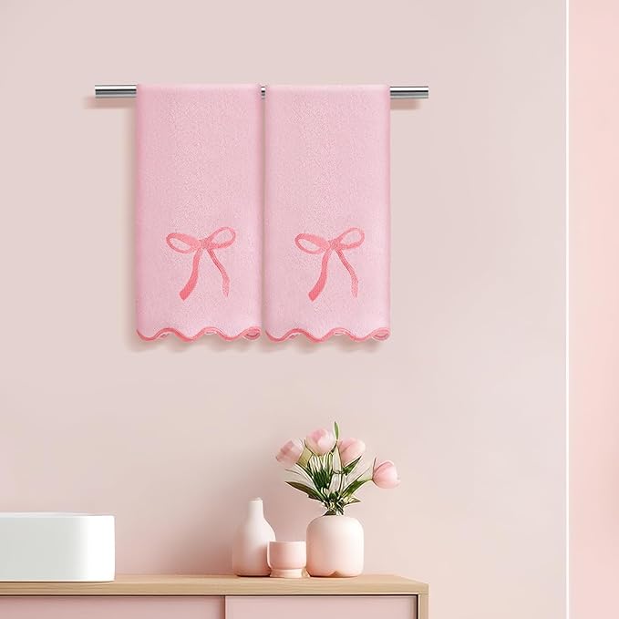 2 Pcs Pink Scalloped Hand Towels for Bathroom 26 x 13 Embroidery Coquette Bow Hand Towels 100% Cotton Soft Absorbent Boho Bath Decor for Kitchen Bathroom