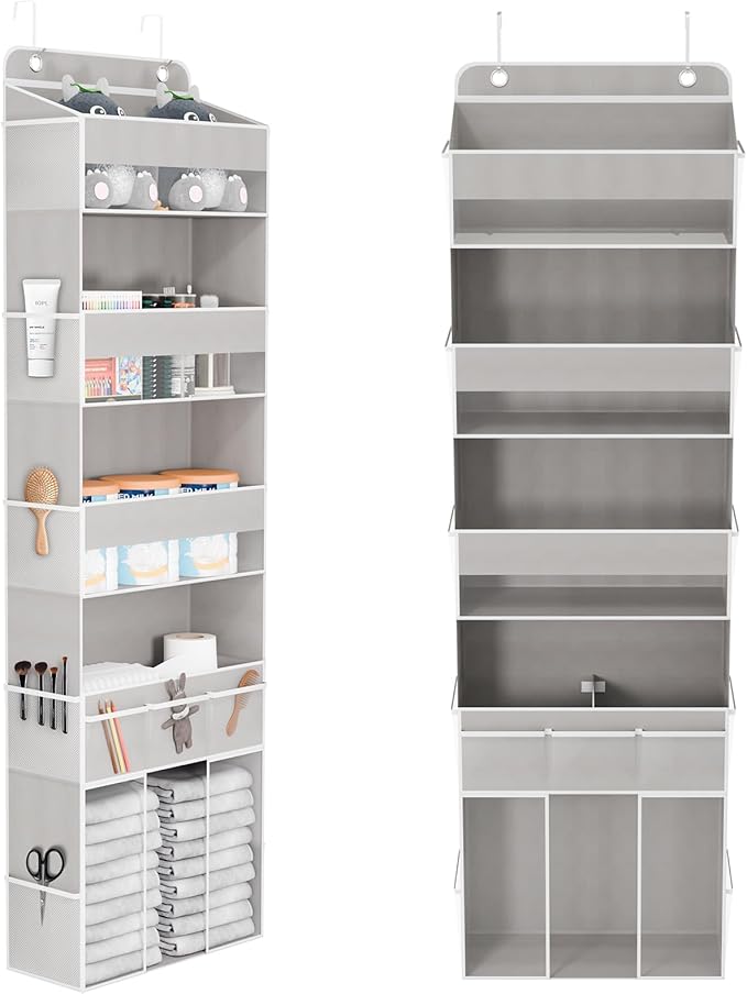Over The Door Organizer, 5 Tiers Hanging Nursery Storage Closet Organizer with Movable Shelf, Large Capacity Caddy, 10 Side Pockets, Back of Door for Bedroom Bathroom Dorm Decor, Grey