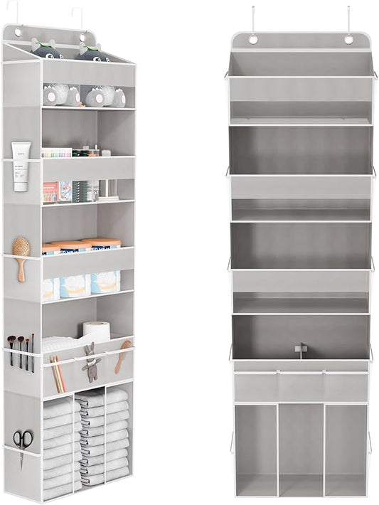 Over The Door Organizer, 5 Tiers Hanging Nursery Storage Closet Organizer with Movable Shelf, Large Capacity Caddy, 10 Side Pockets, Back of Door for Bedroom Bathroom Dorm Decor, Grey