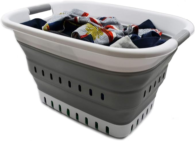 SAMMART 37L (9.77 gallon) Collapsible Plastic Laundry Basket - Foldable Pop Up Storage Container/Organizer - Space Saving Hamper/Basket (1, White/Grey)