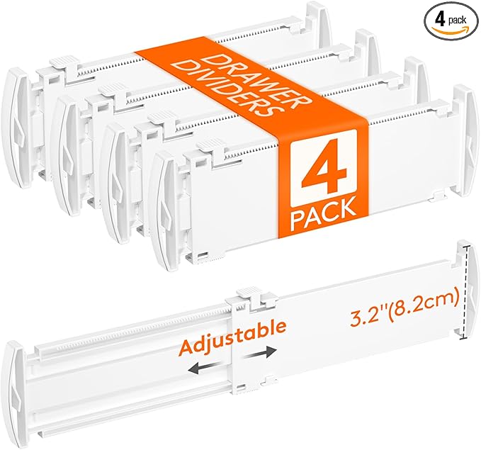 Lifewit 3.2" Tall 4 Pack Drawer Dividers, 26.5-42cm/10.2-16.5" Expandable Drawer Divider for Clothes, Adjustable Dresser Drawer Organizers, Drawers Separators for Dresser/Bathroom/Kitchen White