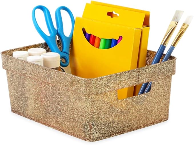 Isaac Jacobs Small Glitter Storage Bin (10” x 7.5” x 4.25”) Set w/Cut-Out Handles, Plastic Organizer, Multi-Functional, Home Storage Solution, Kids Playroom, Bedroom, Closet (4, Gold)