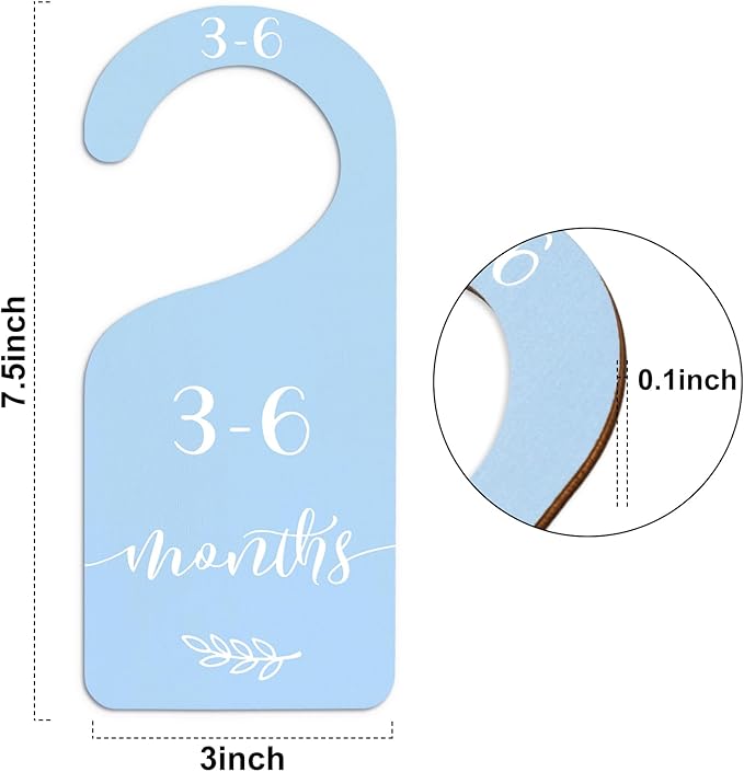 Whaline 7Pcs Blue Wood Baby Closet Size Dividers with Velvet Bag Newborn to 24 Month Thicken Infant Wardrobe Hanger Organizers for Home Nursery Party Favors Supplies