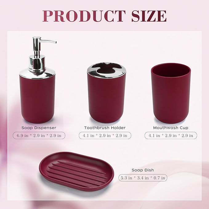 4 Pcs Burgundy Bathroom Accessories Set,Bohemian Bathroom Toothbrush Holder Set.Include Soap Dispenser, Soap Dish, Toothbrush Holder, Mouthwash Cup, Modern Bahtroom Decor Set