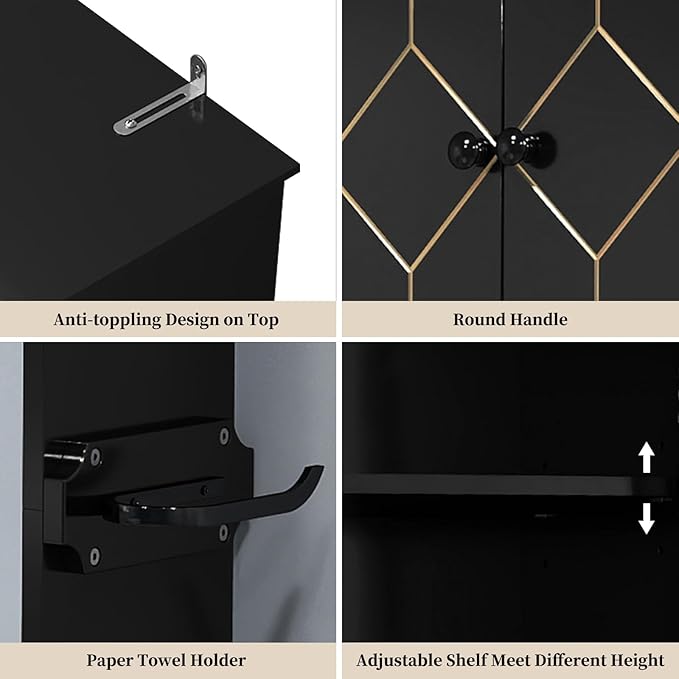 HLR Over The Toilet Storage Cabinet with Gold Trim, Over Toilet Bathroom Organizer with Adjustable Shelves and Toilet Paper Holder, Above Toilet Storage Cabinet Spacesaver for Bathroom (Black)